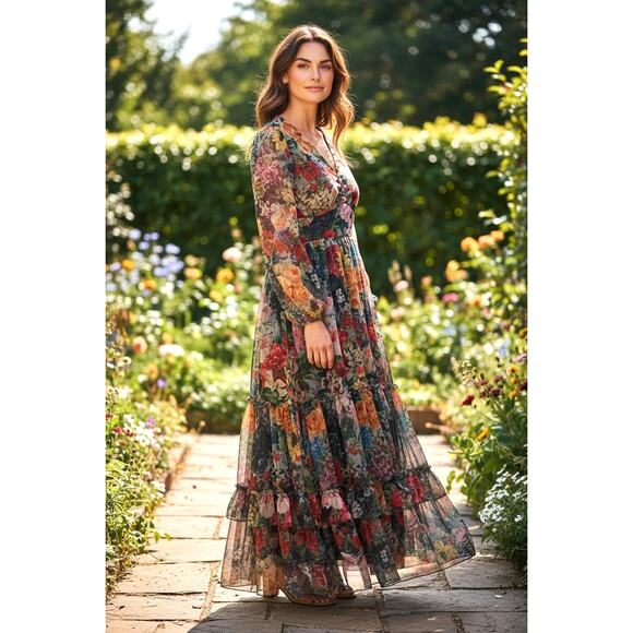 Floral Boho Dress Maxi Sheer Lined Whimsical Fairycore v-neck size XL Toleen New - Picture 2 of 5